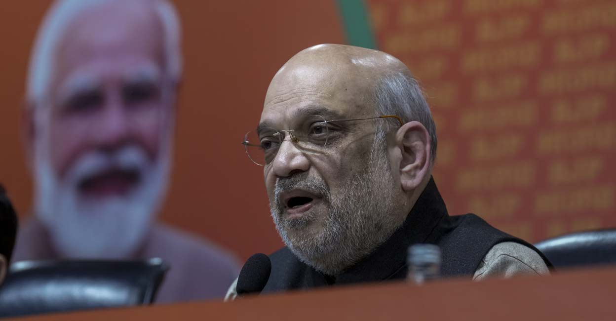 Union Home Minister Amit Shah addresses a press conference in New Delhi on Wednesday. Photo: PTI
