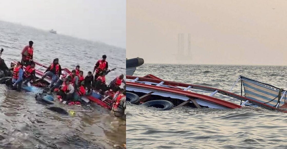 Rescue work underway after a ferry capsized off Mumbai coast when a Navy craft crashed into it. Photo: PTI