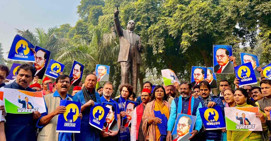 Opposition stages protest outside the Parliament over Ambedkar controversy. Photo: X/INCIndia