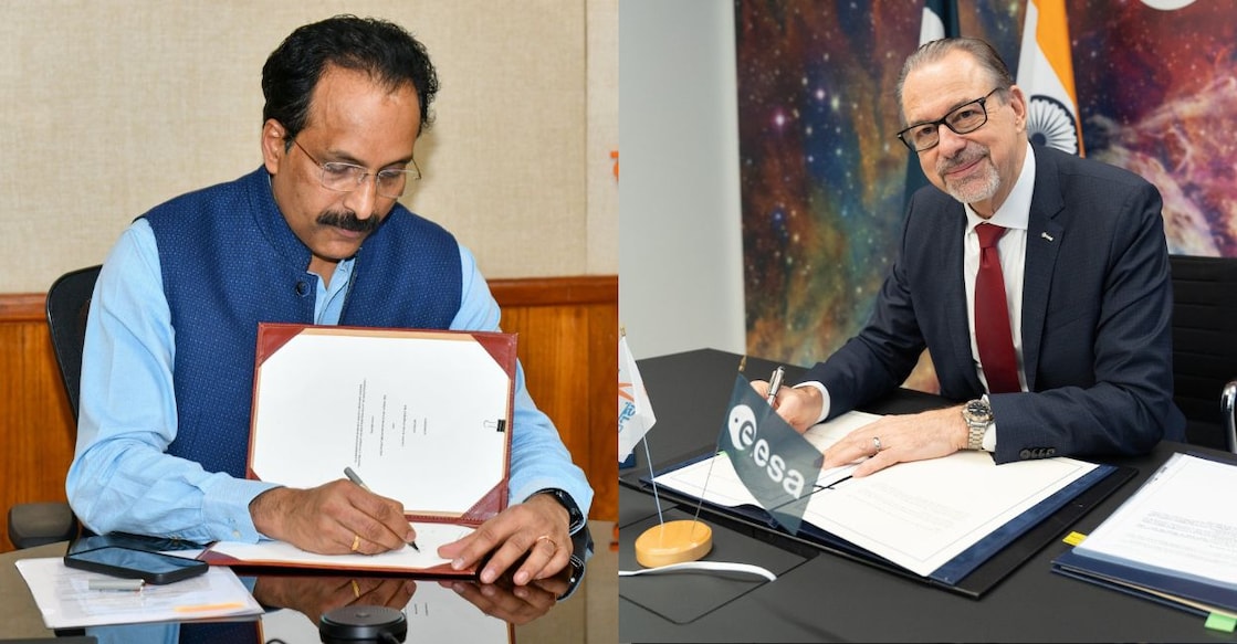 isro-esa.jpg The agreement was signed by Dr S Somanath (left), ISRO Chairman and Secretary of the Department of Space (DOS), and Dr Josef Aschbacher, ESA Director General. Photo: X/@isro