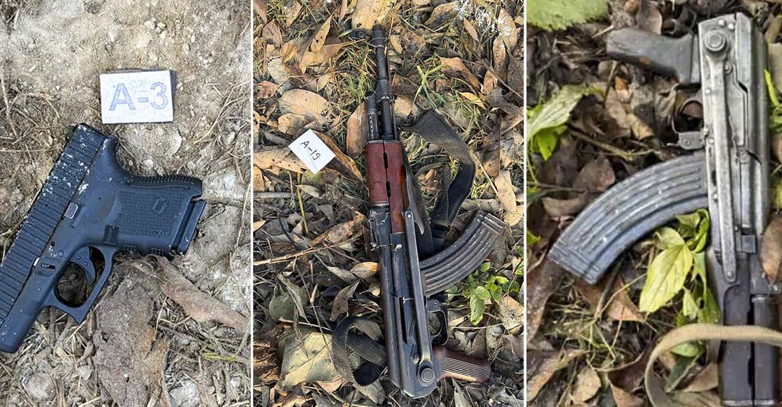 Two AK-47 rifles, two Glock pistols, and a huge cache of ammunition were seized from the terror suspects. Photo: PTI