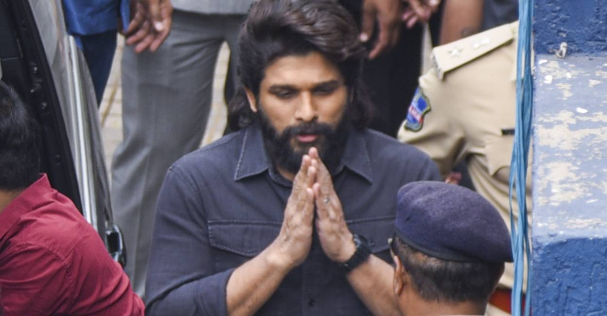 Actor Allu Arjun arrive at the Chikkadpally police station for questioning as part of an ongoing probe into the stampede during the screening of his movie 'Pushpa-2', in Hyderabad. Photo: PTI