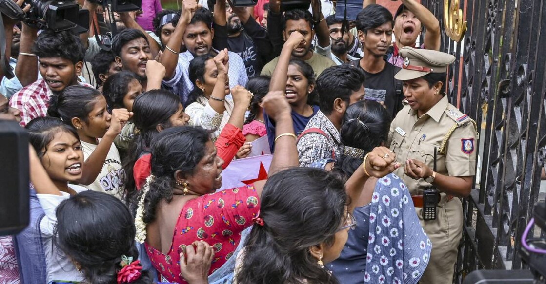 Members of the Students' Federation of India (SFI) stage a protest against the alleged sexual harassment of a girl student of Anna University that happened outside the university, in Chennai. Photo: PTI