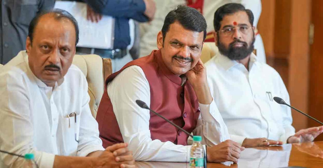 BJP leader Devendra Fadnavis with Shive Sena chief Eknath Shinde and NCP chief Ajit Pawar. Photo: PTI