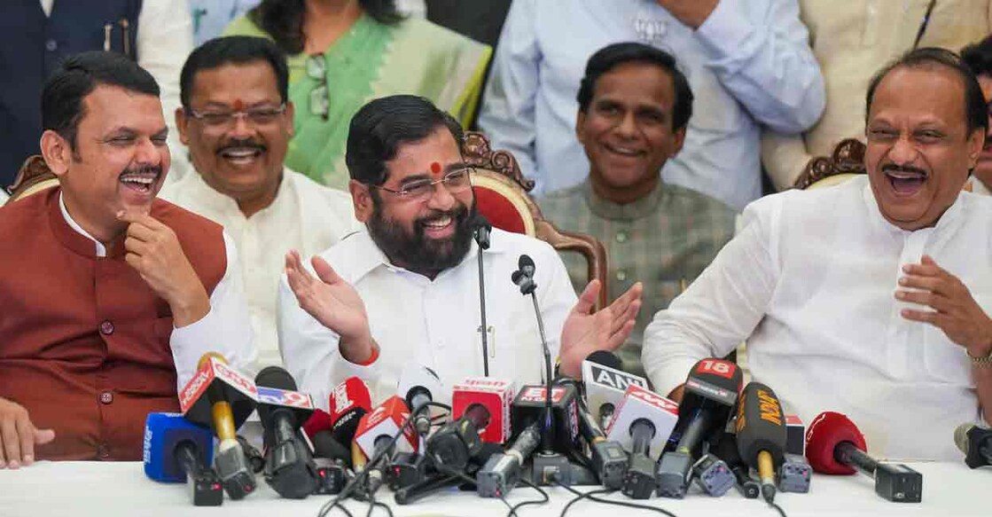 BJP leader Devendra Fadnavis with Shive Sena chief Eknath Shinde and NCP chief Ajit Pawar. Photo: PTI