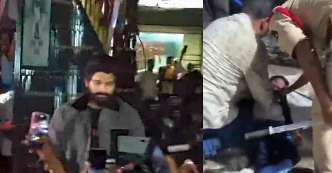 Allu Arjun at the theatre, police administer CPR to woman. Photos: Screengrabs/ PTI, IANS