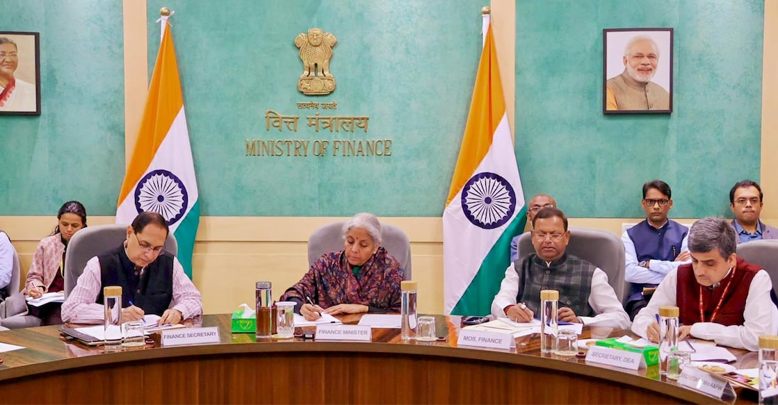 Union Finance Minister Nirmala Sitharaman with others during the second Pre-Budget Consultation with various farmer associations and leading agricultural economists ahead of the Union Budget 2025-26, in New Delhi. Photo: PTI
