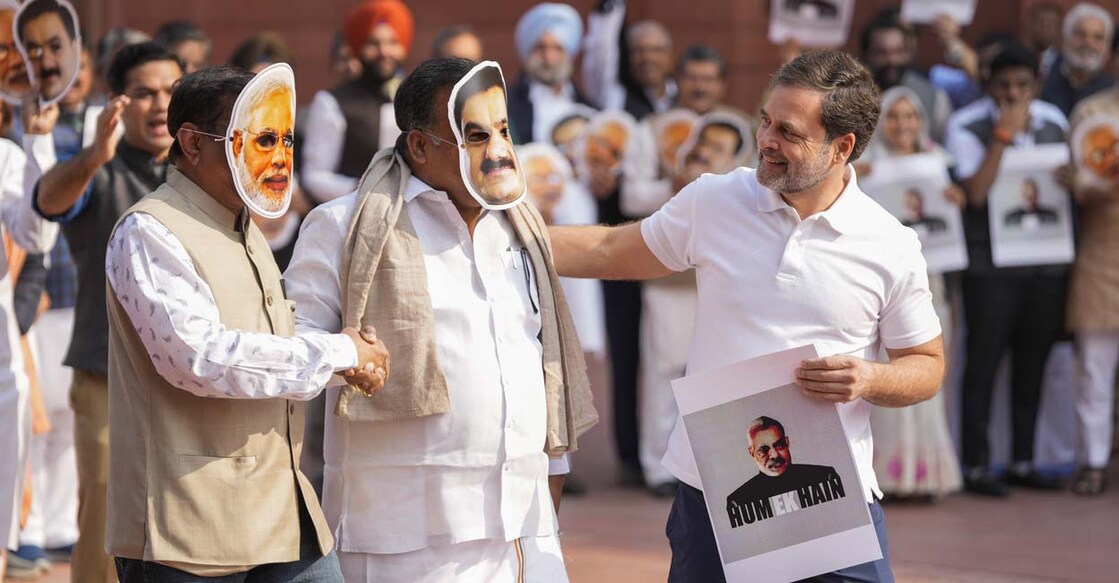 Leader of Opposition Rahul Gandhi with Congress MPs Manickam Tagore and Saptagiri Sankar Ulaka. Photo: PTI