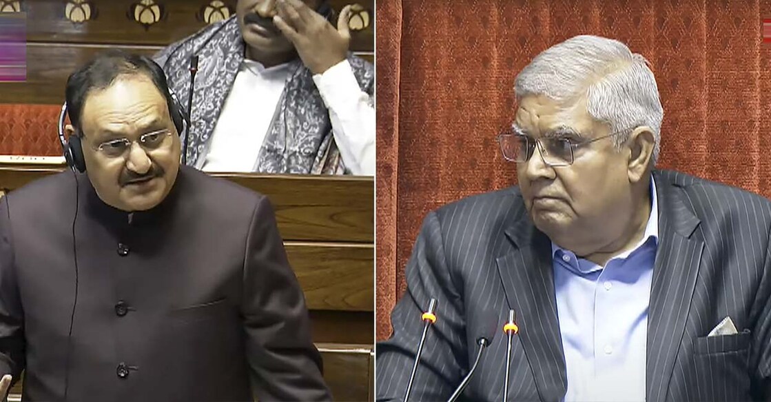 rajya-sabha RS Chairman Jagdeep Dhankhar conducts proceedings as Union Minister JP Nadda speaks in the House during the Winter session of Parliament. Photo: PTI
