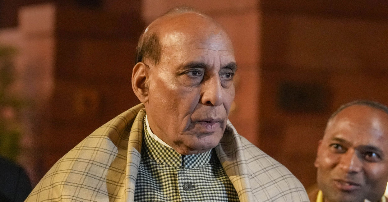 Defence Minister Rajnath Singh at the Parliament House complex. File photo: PTI. 