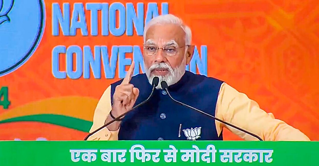 Prime Minister Narendra Modi addresses the BJP National Council meeting on its second day at the Bharat Mandapam, in New Delhi on Sunday. Photo: PTI/Screenshot via @narendramodi.