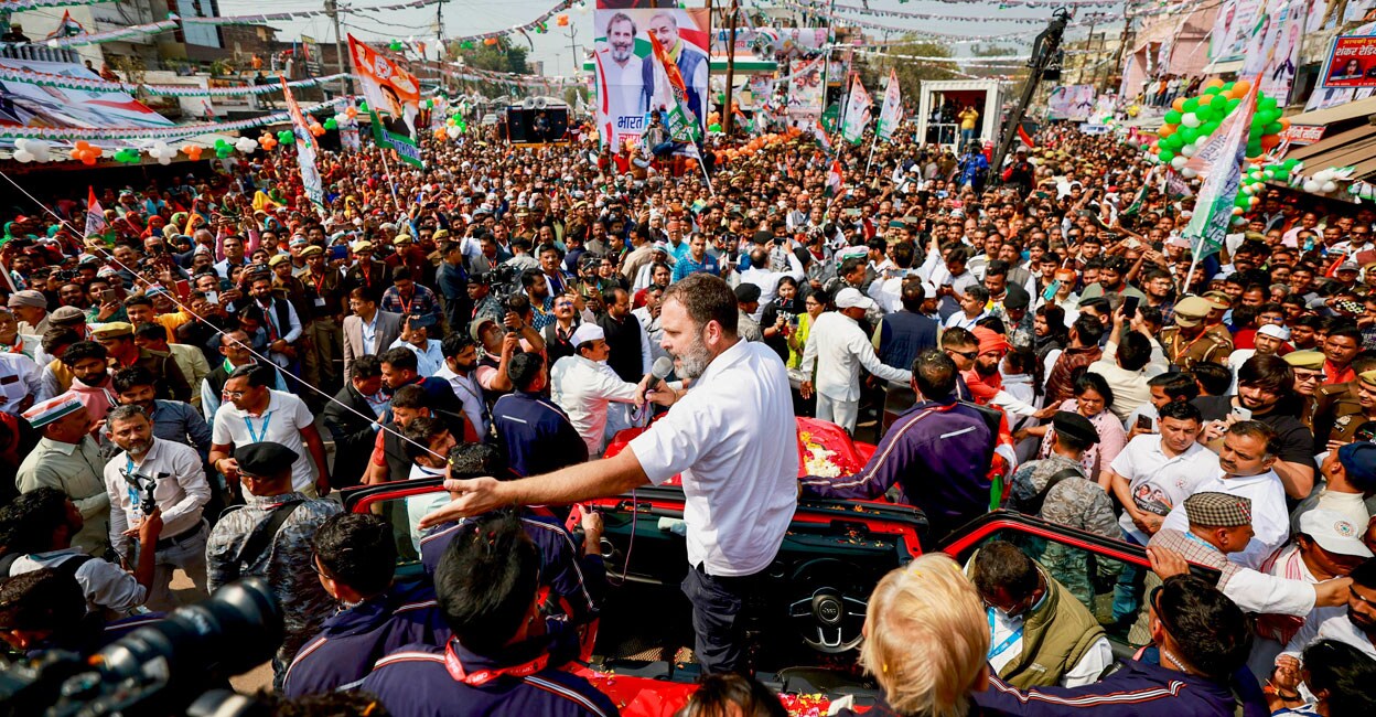 PTI02_19_2024_000086B Congress leader Rahul Gandhi addresses a gathering during the Bharat Jodo Nyay Yatra in Pratapgarh district in Uttar Pradesh on Monday. Photo: PTI