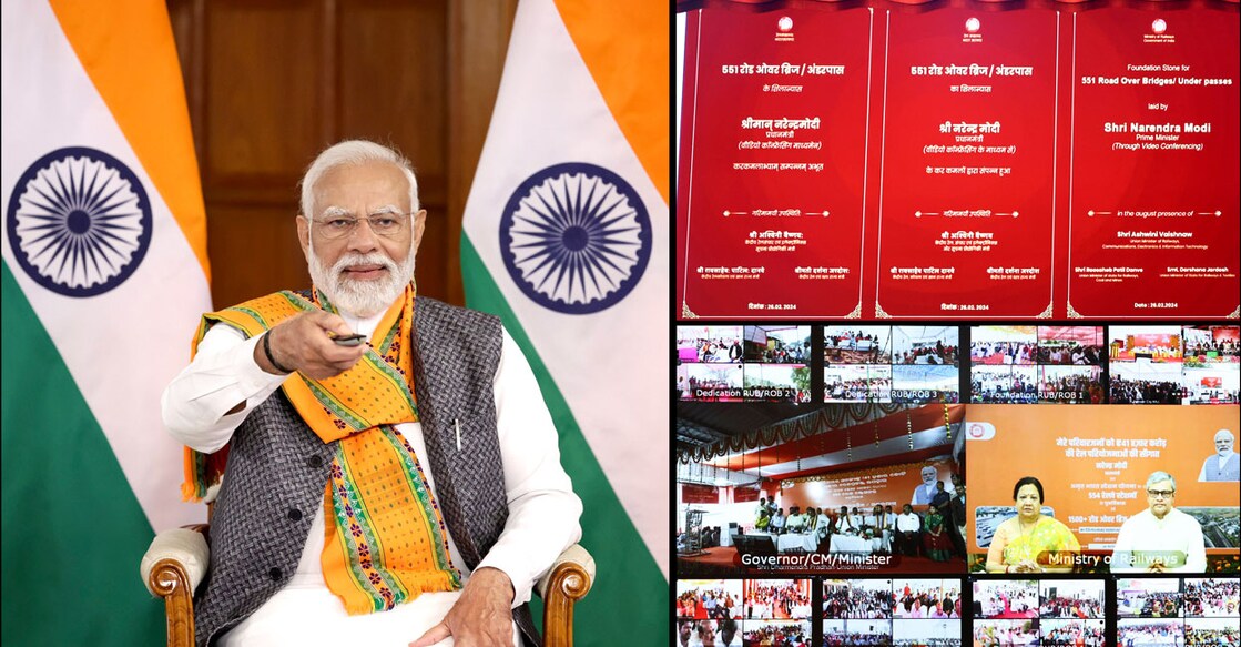 PTI02_26_2024_000209B Prime Minister Narendra Modi during foundation stone laying, inauguration and dedication to the Nation around 2000 railway infrastructure projects worth more than Rs. 41,000 crores via video conferencing. Photo: PTI.
