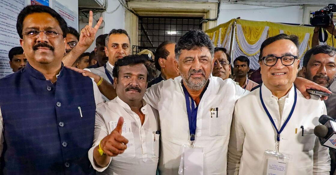 Karnataka Deputy Chief Minister D K Shivakumar with newly-elected Congress Rajya Sabha MPs Syed Naseer Hussain, GC Chandrashekar, Ajay Makhan and others, at Vidhana Soudha in Bengaluru, Tuesday, February 27, 2024. Photo: PTI