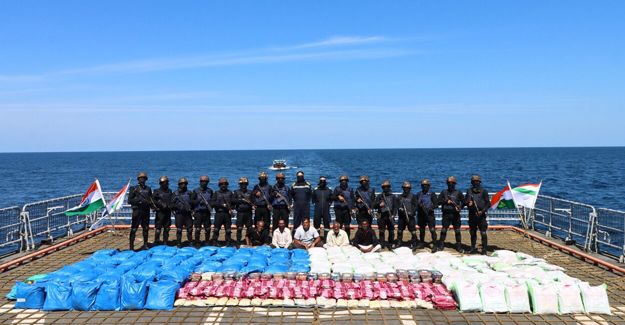 Indian Navy personnel show 3300Kgs contraban seized from a vessel in a joint operation with NCB. File Image: PTI.