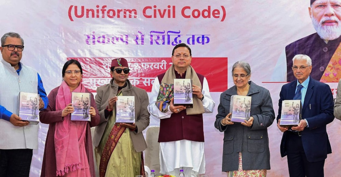 Uttarakhand Chief Minister Pushkar Singh Dhami with retired Supreme Court judge Ranjana Prakash Desai and others at Chief Sevak Sadan, in Dehradun, Friday, February 2, 2024. Photo: PTI