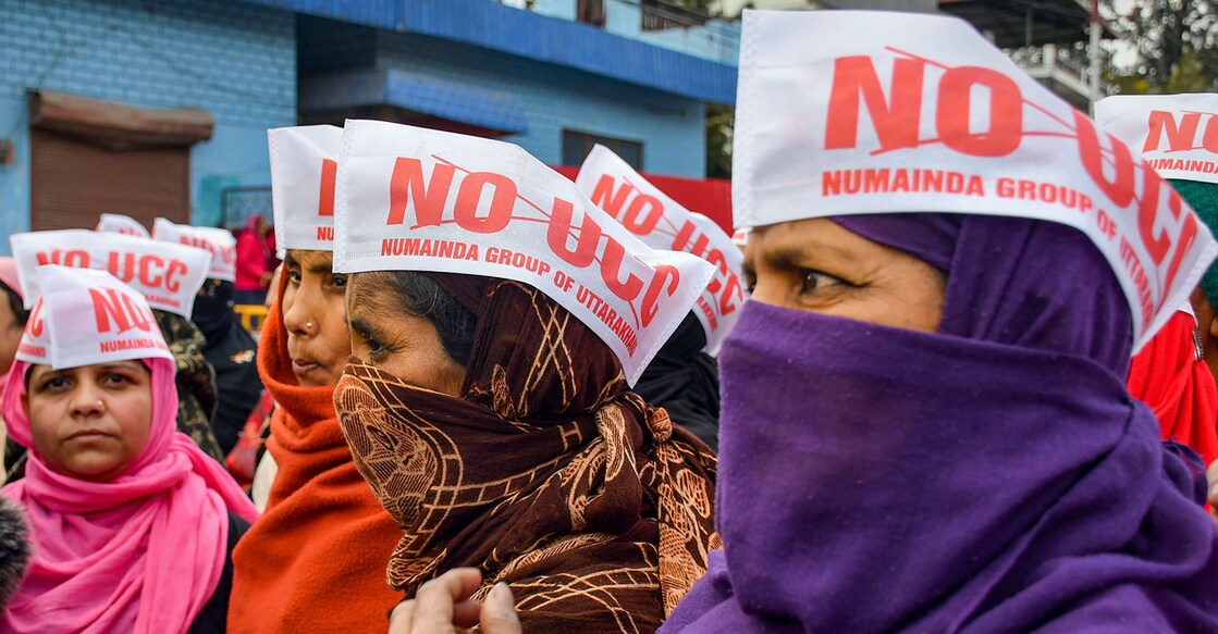 Members of Uttarakhand Numainda Group protest against the Uniform Civil Code (UCC) bill during a special session of Uttarakhand Legislative Assembly, in Dehradun on Monday. Photo: PTI