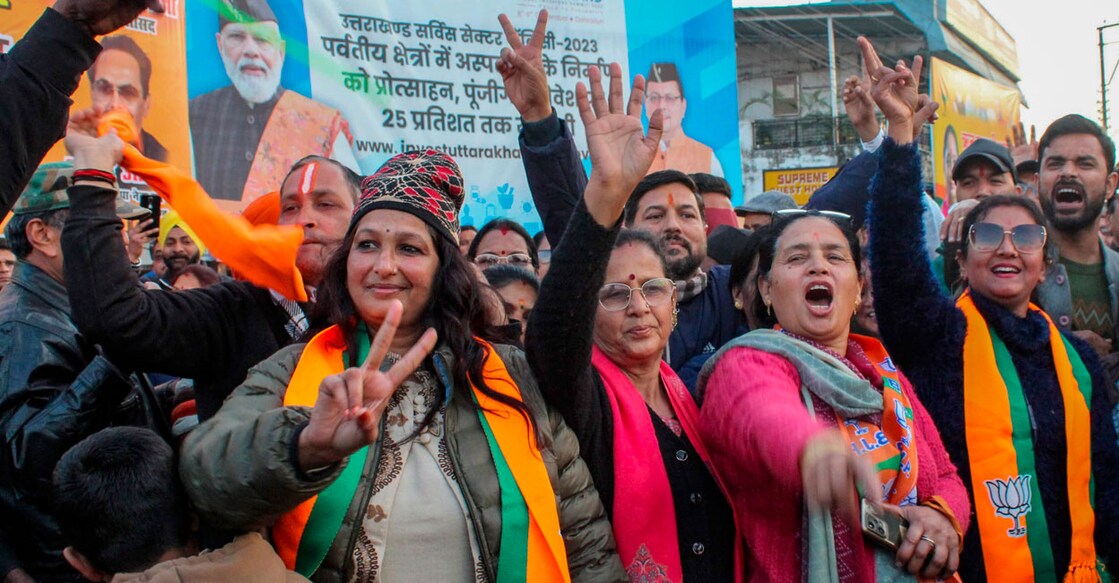 PTI02_07_2024_000272B BJP supporters celebrate the introduction of UCC bill during a special session of the state assembly in Dehradun on Wednesday. Photo: PTI