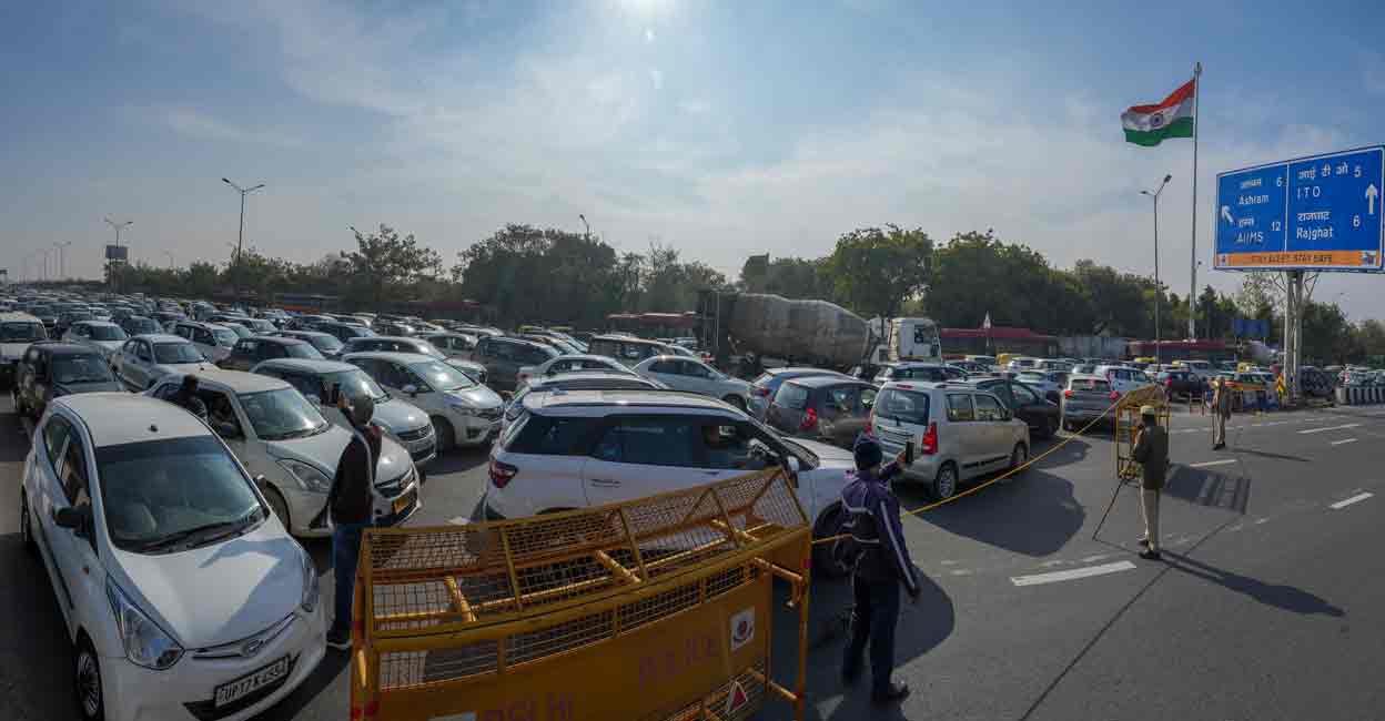 Vehicles stuck in a traffic jam at NH 24 due to a road closure during farmers protest, in New Delhi, Thursday, Feb. 8, 2024. Photo: PTI 