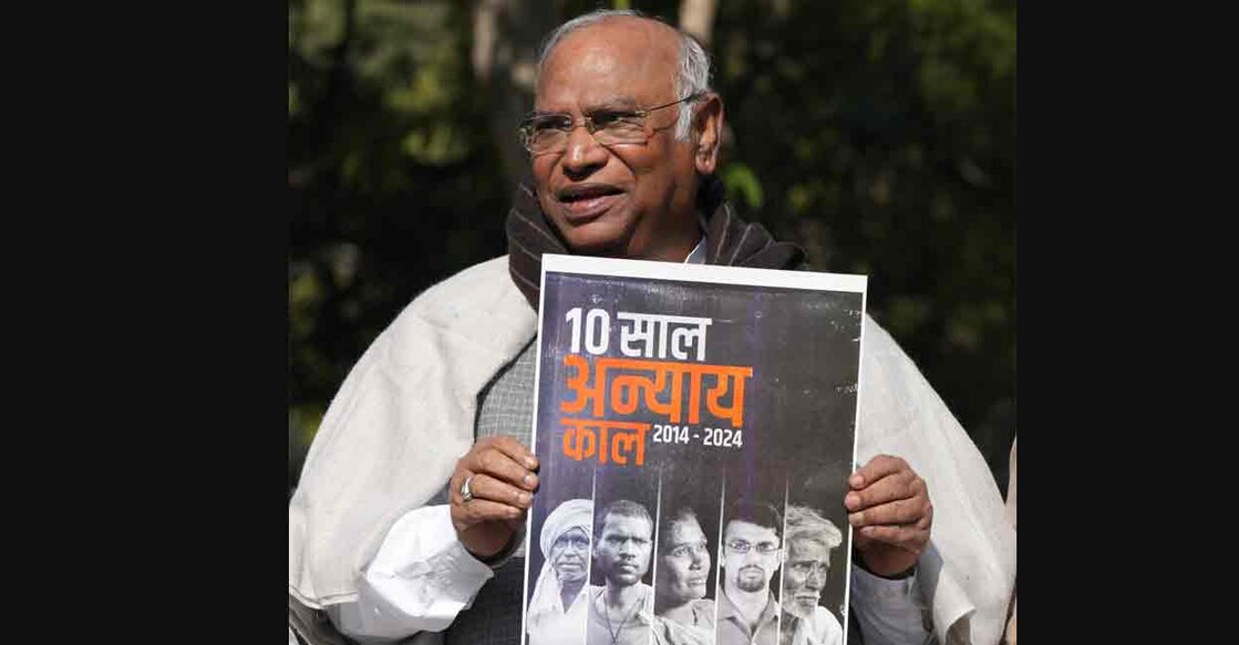 PTI02_08_2024_000043A Congress President Mallikarjun Kharge during a press conference, in New Delhi, Thursday, Feb. 8, 2024. Photo: PTI