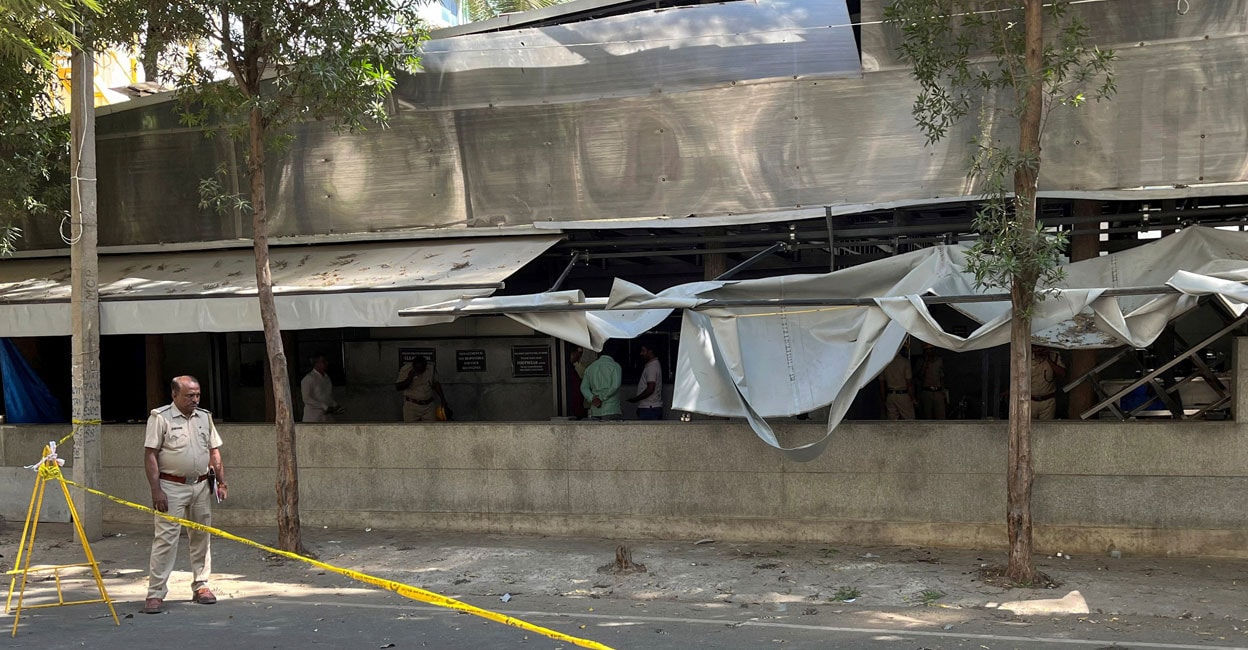 INDIA-BLAST A police officer stands guard after a blast at Rameshwaram Cafe in technology hub of Bengaluru on Friday. Photo: Reuters/Indranil Sarkar