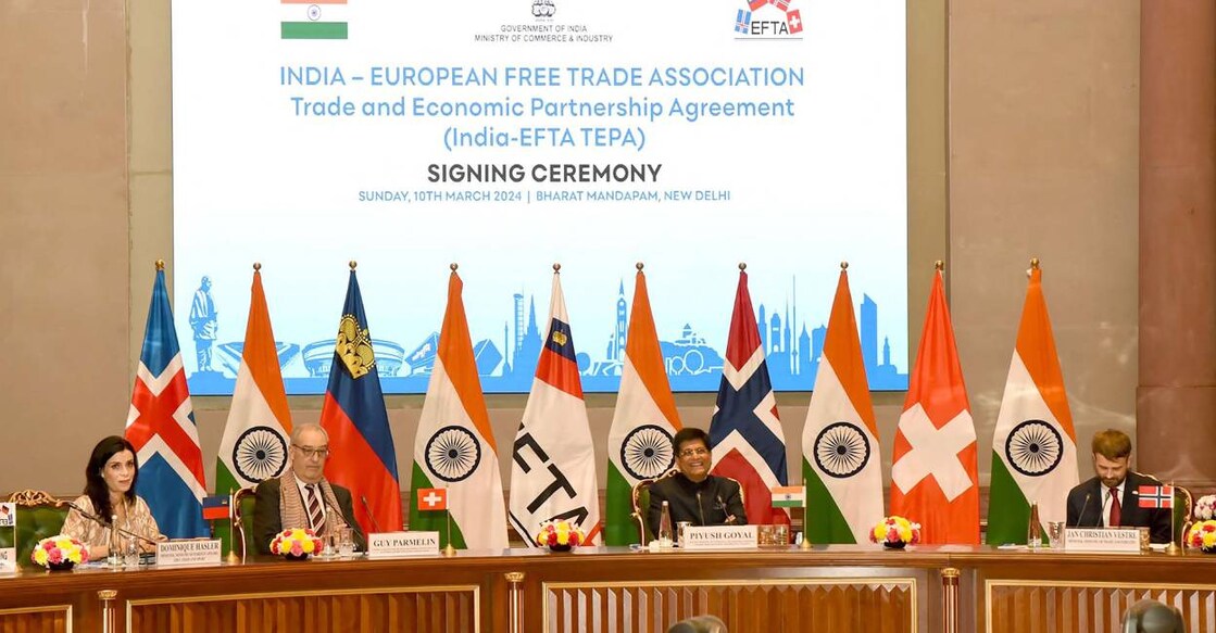 Union minister for commerce and industry Piyush Goyal addresses diplomats at the signing ceremony of Trade and Economic Partnership Agreement (TEPA) between India and European Free Trade Association (EFTA) in New Delhi. Photo: AFP