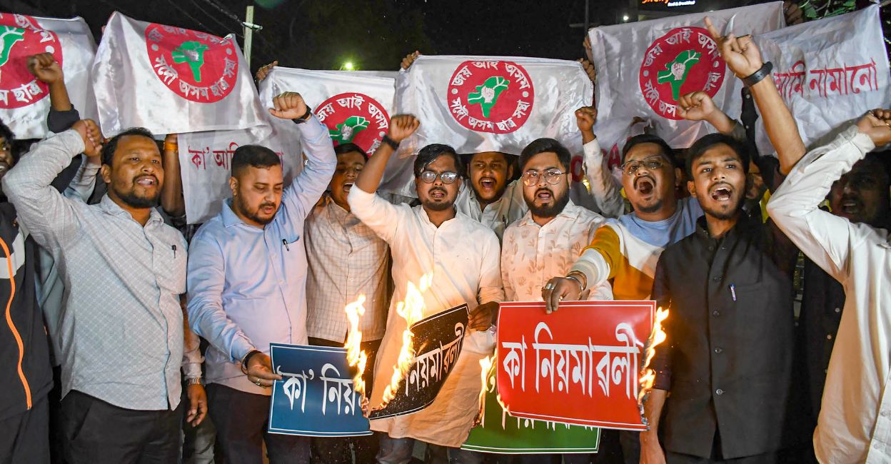 Activists of the All Assam Students Union (AASU) staged a protest after the central government notified the rules for implementation of the Citizenship (Amendment) Act, 2019, in Guwahati, Monday, March 11, 2024. Photo: PTI