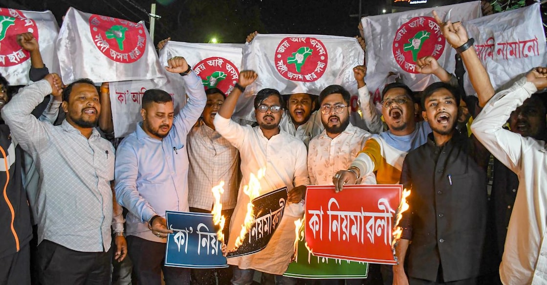assam-caa-protest Activists of the All Assam Students Union (AASU) staged a protest after the central government notified the rules for implementation of the Citizenship (Amendment) Act, 2019, in Guwahati, Monday, March 11, 2024. Photo: PTI