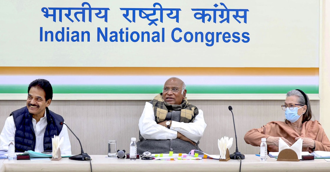 Congress President Mallikarjun Kharge with party leaders Sonia Gandhi and KC Venugopal during the Congress Central Election Committee (CEC) meeting for the upcoming Lok Sabha polls, at AICC Headquarters in New Delhi, Thursday, March 7. File Photo: PTI.