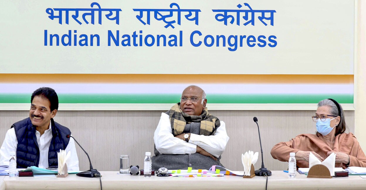 Congress President Mallikarjun Kharge with party leaders Sonia Gandhi and KC Venugopal during the Congress Central Election Committee (CEC) meeting for the upcoming Lok Sabha polls, at AICC Headquarters in New Delhi, Thursday, March 7. File Photo: PTI.