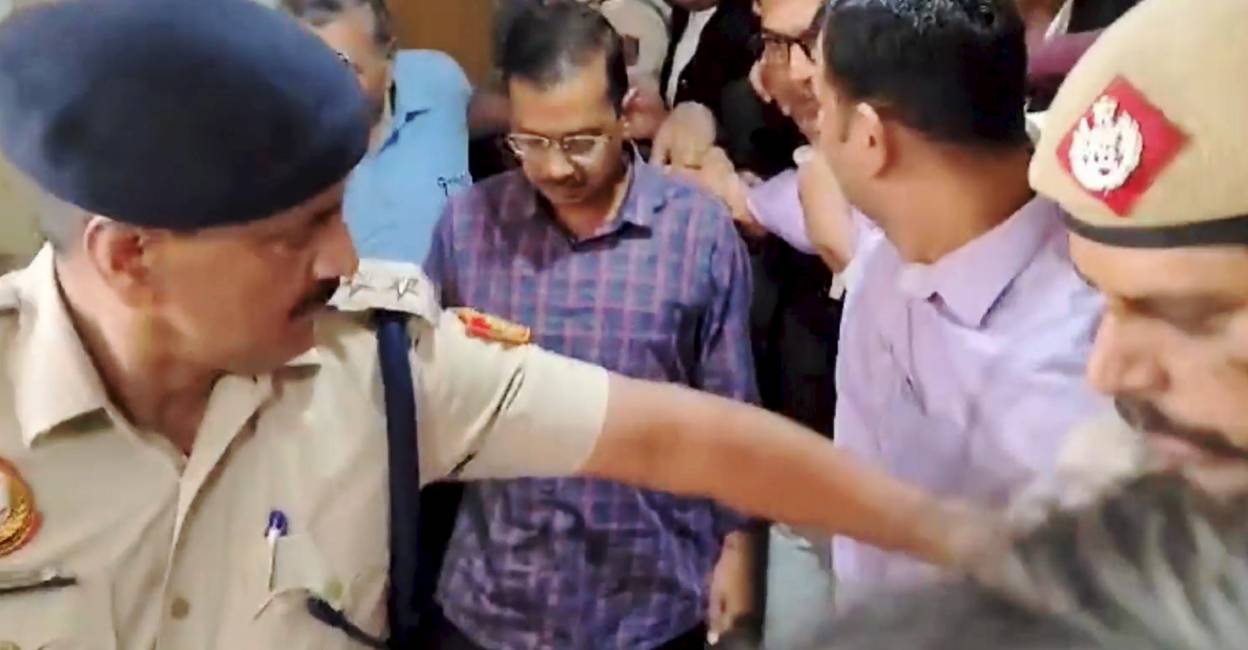 Delhi Chief Minister Arvind Kejriwal comes out of the Rouse Avenue Court after appearing in the Enforcement Directorate summons case, in New Delhi. Photo: PTI