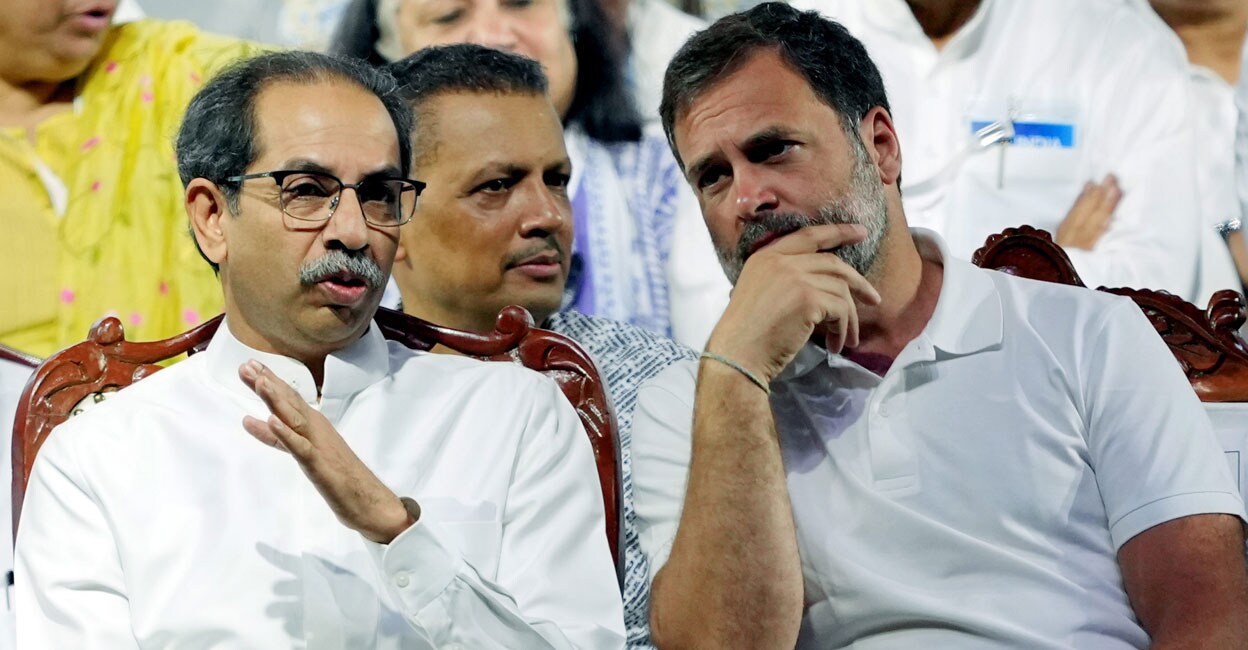 PTI03_17_2024_000290A Congress leader Rahul Gandhi (right) with Shiv Sena (UBT) chief Uddhav Thackeray during a rally at the conclusion of the Bharat Jodo Nyay Yatra in Mumbai on March 17. Photo: PTI