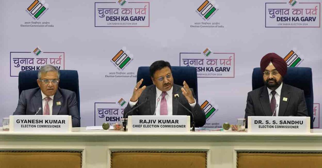 Chief Election Commissioner Rajiv Kumar with Election Commissioners Gyanesh Kumar and S.S. Sandhu during announcement of the schedule for General Elections 2024. Photo: PTI