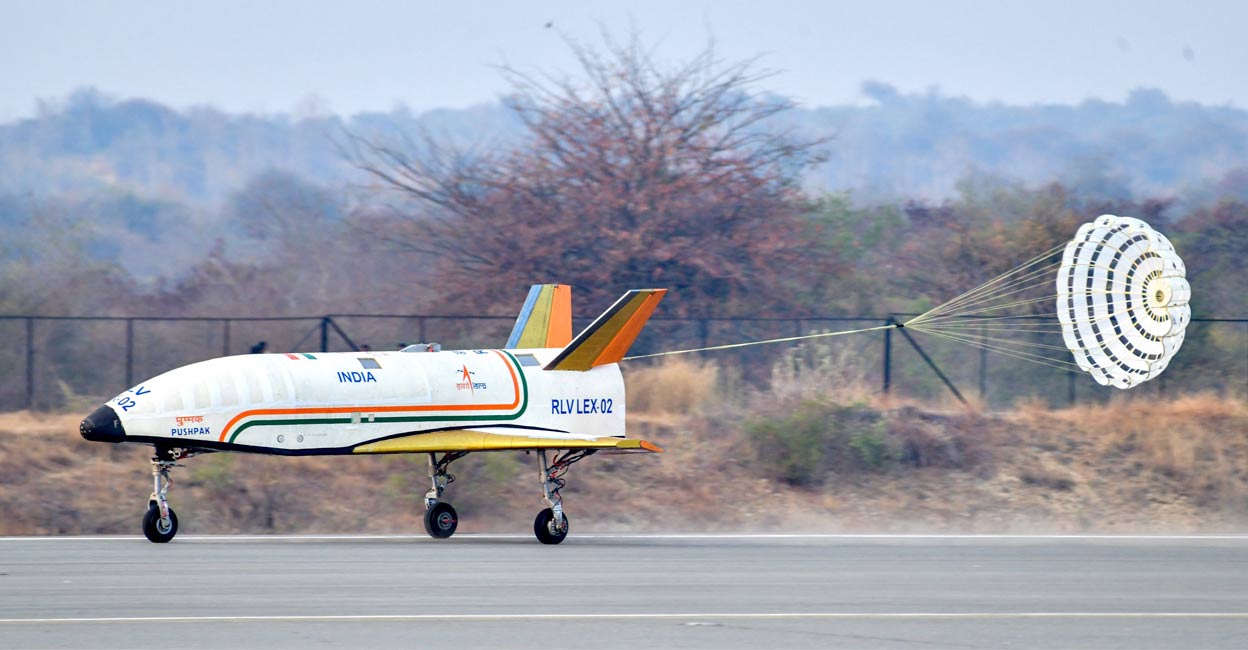 pushpak-isro-ls The winged vehicle, called Pushpak, was lifted by an Indian Air Force Chinook helicopter and was released from 4.5 km altitude. Photo: PTI.