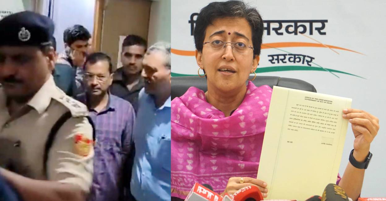 Kejriwal in ED custody (left) and Water minister Atishi shows his direction at a press meet (right). Photo: PTI