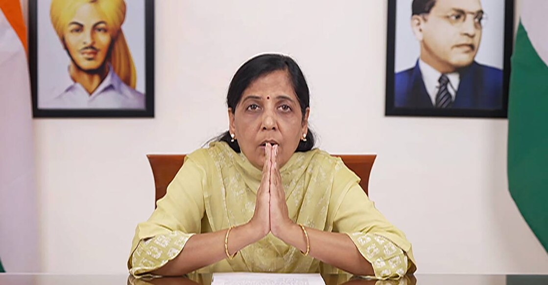 Sunita Kejriwal, wife of Delhi Chief Minister and AAP Convenor Arvind Kejriwal, virtually addresses a press conference, on Wednesday, March 27, 2024. Photo: PTI. 