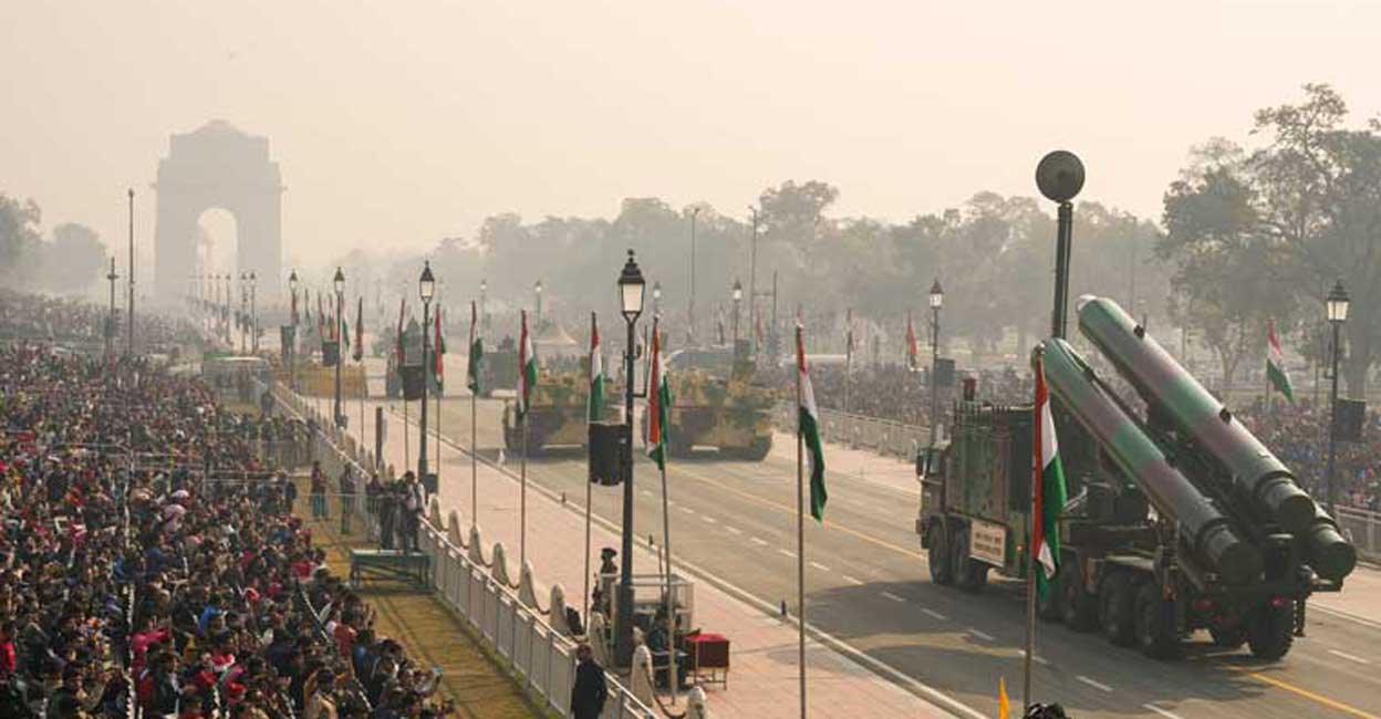 PTI01_23_2023_000136A Indian Armed Forces' Brahmos Missile System and other armoured vehicles on display during the full dress rehearsal of the Republic Day Parade 2023 at Kartavya Path in New Delhi. File photo: PTI