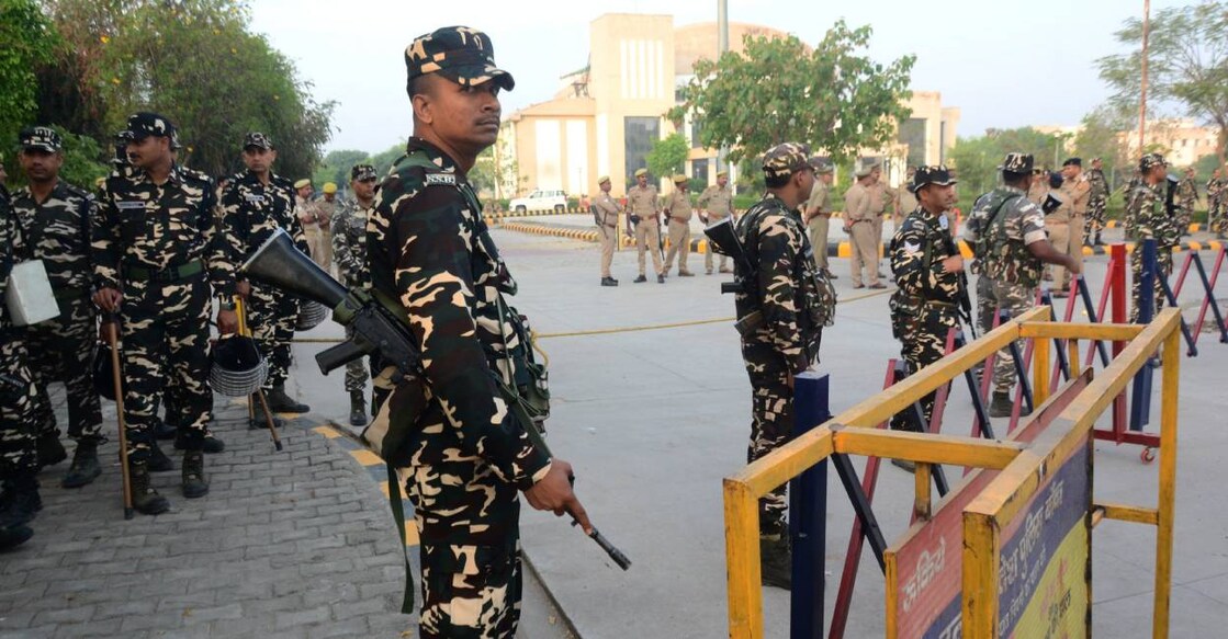 Security personnel deployed outside the Rani Durga Medical College (Hospital) following the death of the gangster-turned-politician Mukhtar Ansari, in Banda. Photo: PTI