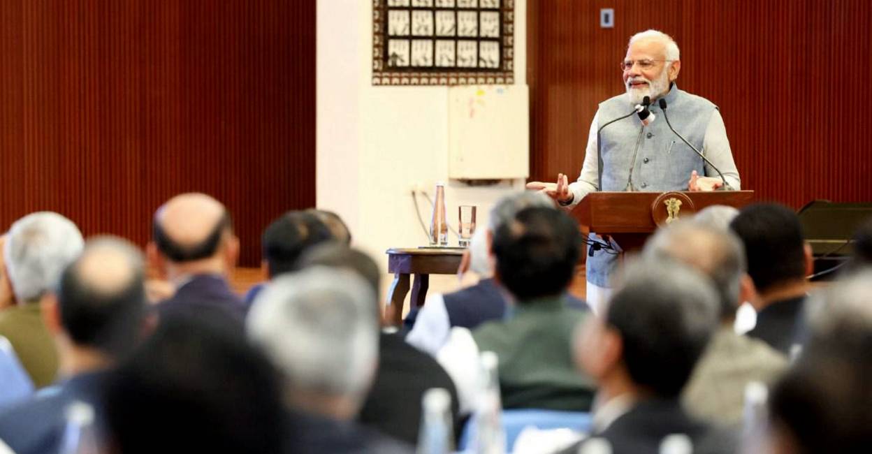 modi-ministers-c Prime Minister Narendra Modi along with the Council of Ministers during a meeting on vision document for the Viksit Bharat 2047 & detailed action plan for next 5 years. Photo: PTI