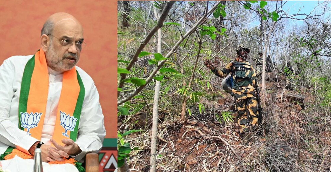 Amit Shah (left) and Security personnel during an encounter with Naxalites, in Kanker district (right). Photo: AFP, PTI