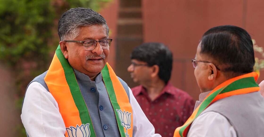 PTI04_01_2024_000076B New Delhi: BJP leader Ravi Shankar Prasad arrives for BJP's manifesto committee meeting ahead of the upcoming Lok Sabha elections, in New Delhi, Monday, April 1, 2024. (PTI Photo/Atul Yadav)(PTI04_01_2024_000076B)