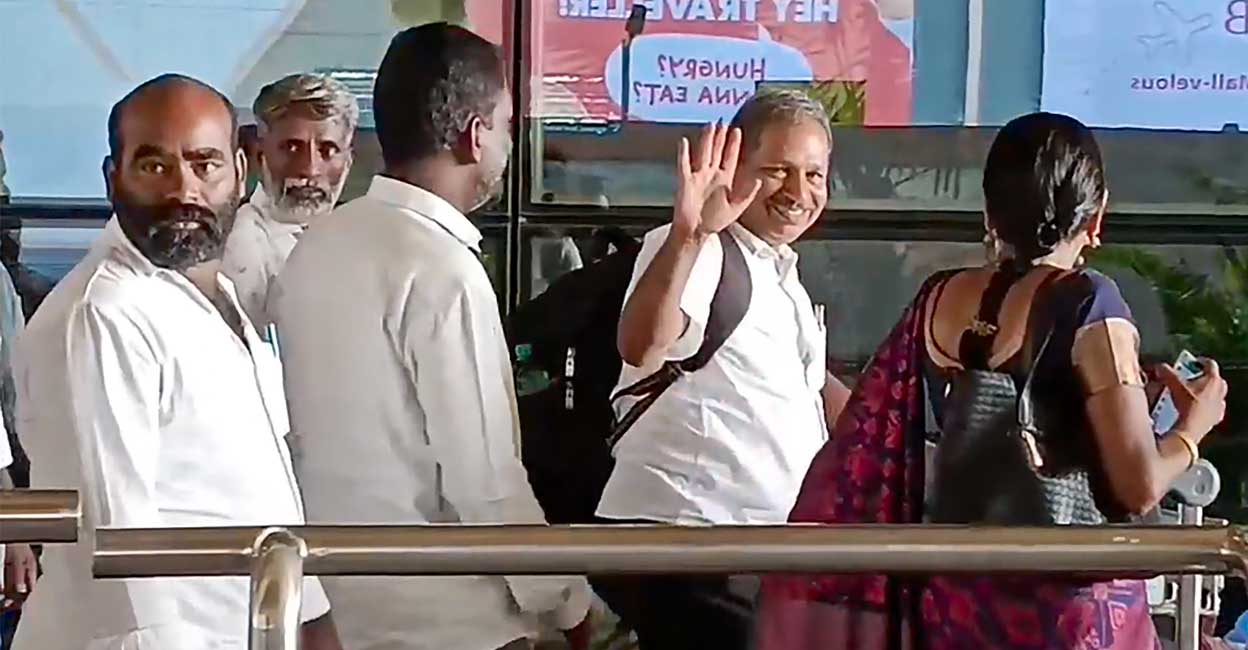 **EDS: GRAB VIA PTI VIDEOS** Chennai: Sri Lankan nationals who were convicted in the Rajiv Gandhi assassination case before leaving for Sri Lanka, at Chennai airport, Wednesday, April 3, 2024. (PTI Photo)(PTI04_03_2024_000033B)