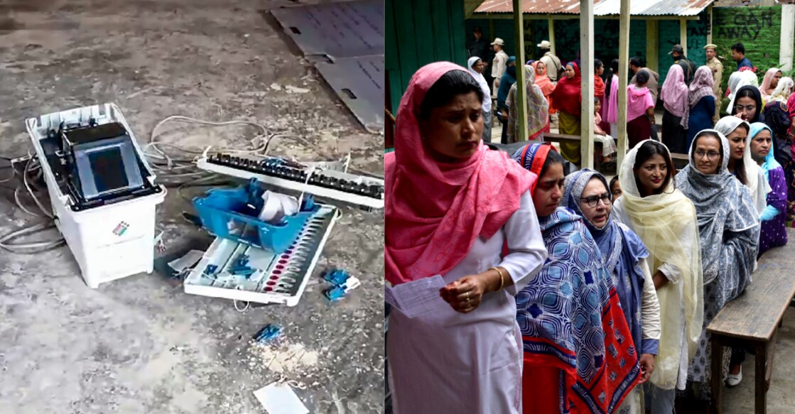 1) A broken EVM at a polling booth after incidents of violence in Manipur's West Imphal. File Photo/ PTI,  2) Women wait to cast their votes at a polling station in Imphal. File Photo/ Reuters. 