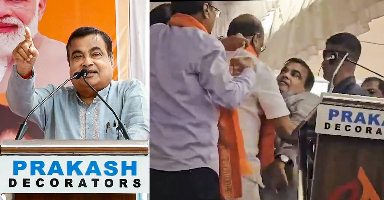 Union Minister and BJP candidate Nitin Gadkari faints while addressing a public meeting for Lok Sabha elections. Photo: PTI
