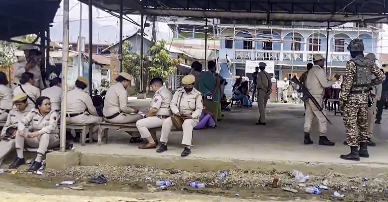 Security personnel deployed during repolling at 11 polling stations in the Inner Manipur Lok Sabha constituency, Monday, April 22, 2024. File Photo: PTI. 