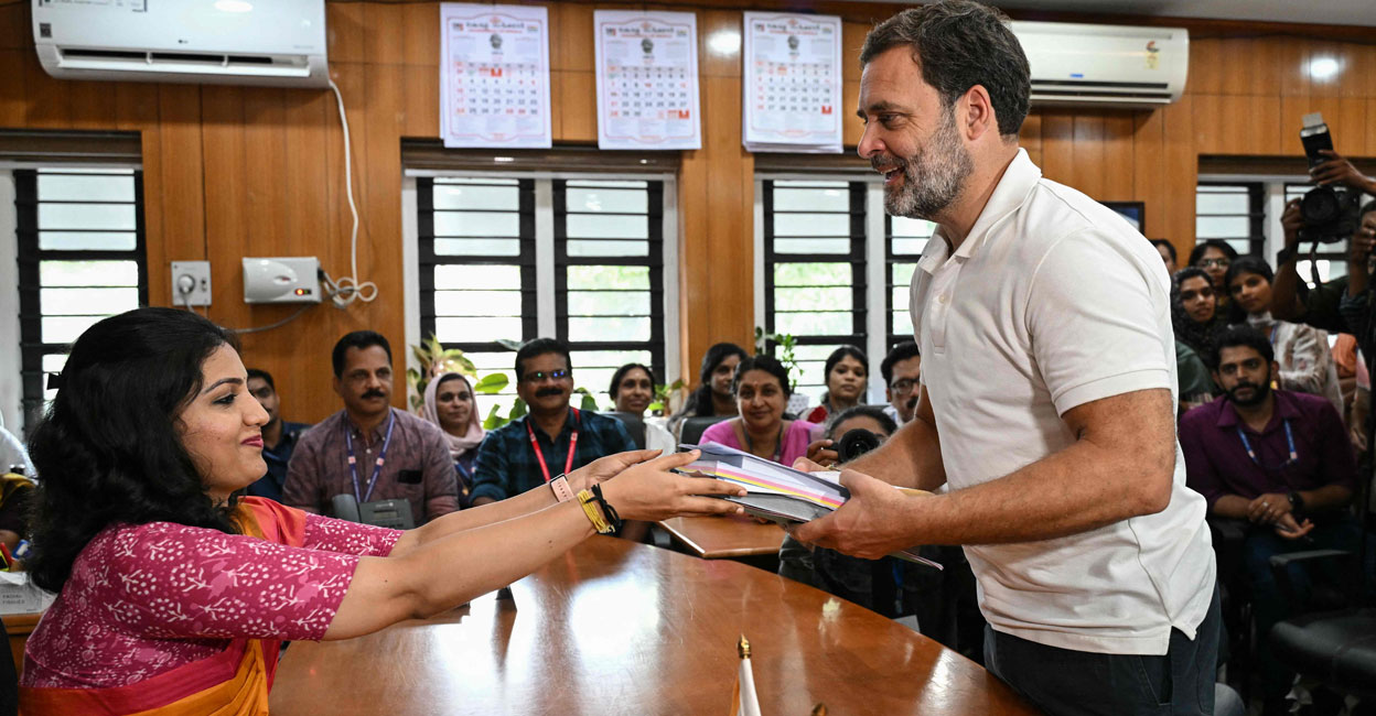 Congress leader Rahul Gandhi files his nomination papers for the upcoming Lok Sabha polls, in Wayanad on Wednesday. Photo: AFP/ R Satish Babu