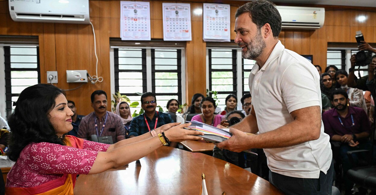 Congress leader Rahul Gandhi files his nomination papers for the upcoming Lok Sabha polls, in Wayanad on Wednesday. Photo: AFP/ R Satish Babu