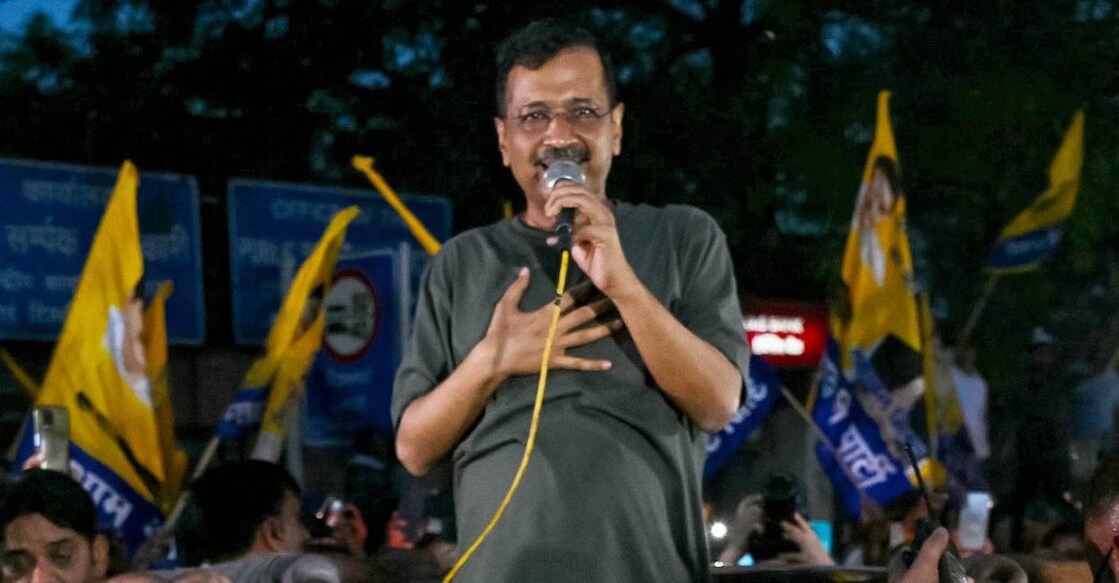 Arvind Kejriwal, chief minister of New Delhi and leader of Aam Aadmi Party (AAP) addresses his supporters outside Tihar jail. Photo: AFP