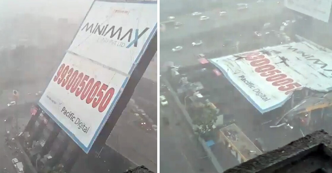 Screengrabs from a video showing the billboard collapsing over a fuel station in Ghatkopar, Mumbai. 