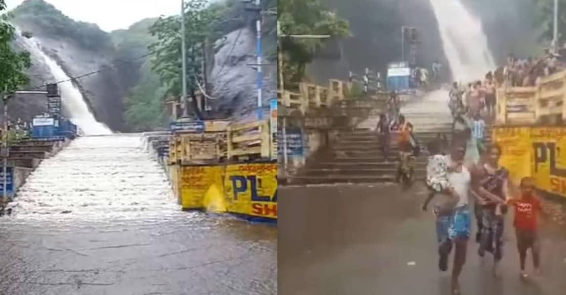 kuttalam-waterfalls-flashfloods In the visuals, people were seen running helter and skelter when flashflood hit Kuttalam waterfalls. Photo: Screengrab